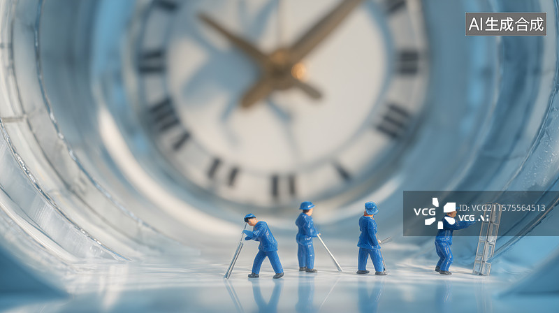 【AI数字艺术】微型工人在巨大时钟前工作图片素材