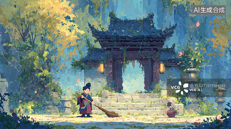 【AI数字艺术】古寺门前，童子清扫落叶图片素材