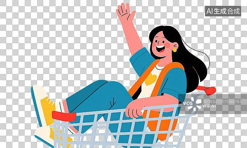 【AI数字艺术】购物节日促销活动年轻女孩长发坐在购物车里举手挥手打招呼欢快庆祝扁平插画春季秋季休闲服装免扣元素图片素材