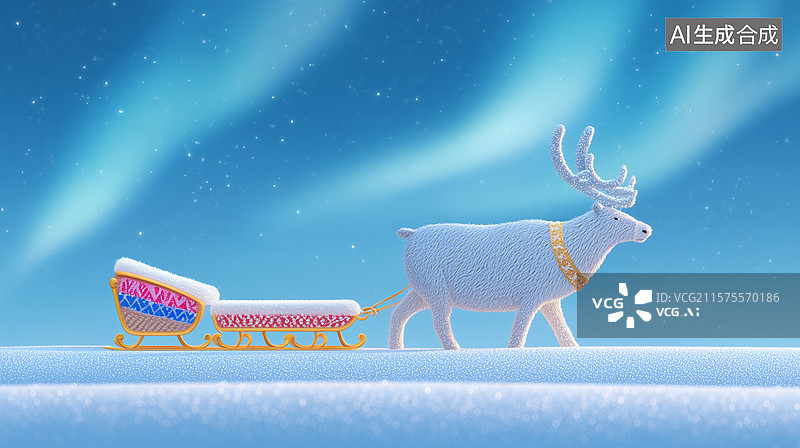 【AI数字艺术】极光下的驯鹿雪橇插画图片素材