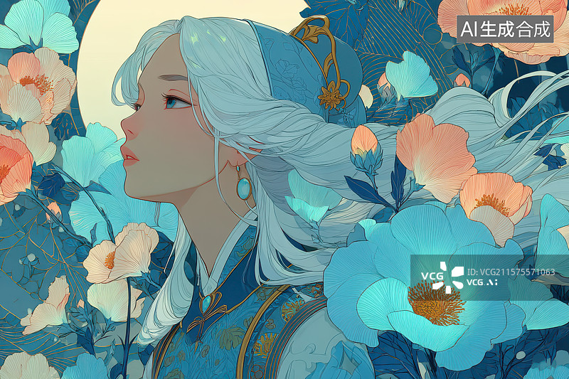【AI数字艺术】​​白发古风女子繁花装饰肖像​​图片素材