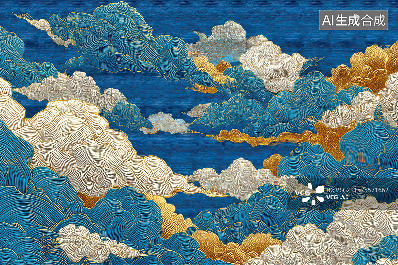 【AI数字艺术】​​中式古典云海蓝白金水墨图​​图片素材