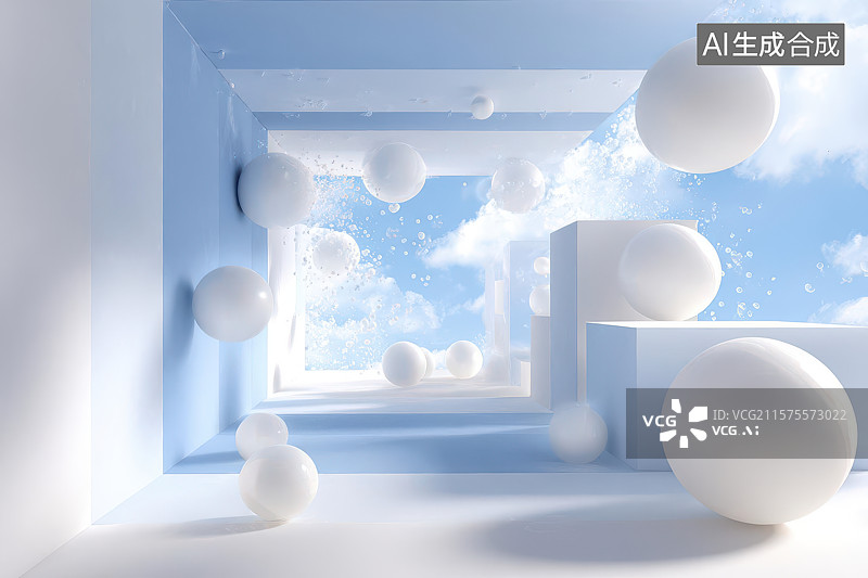 【AI数字艺术】室内悬浮球体蓝天艺术图图片素材