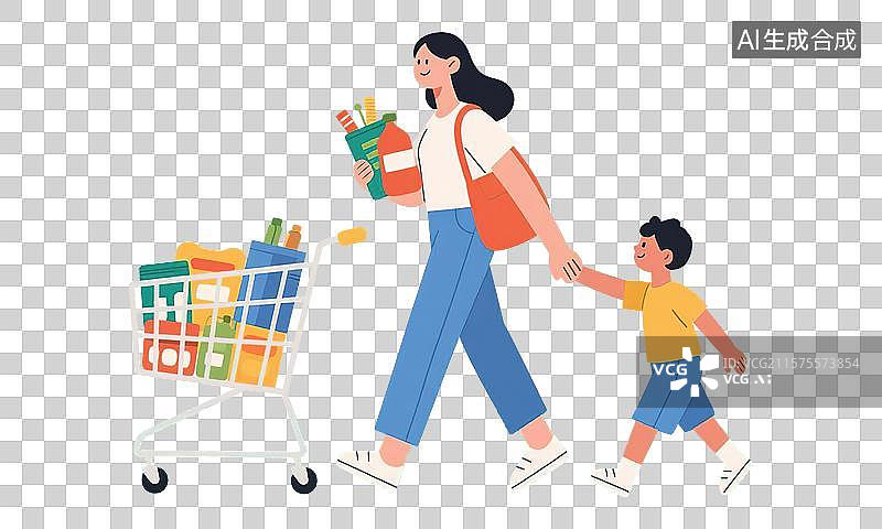【AI数字艺术】双十一双十二618年终好价节购物节日促销活动妈妈领着小孩手牵手选购超市商品购物车里装满货物免扣元素图片素材