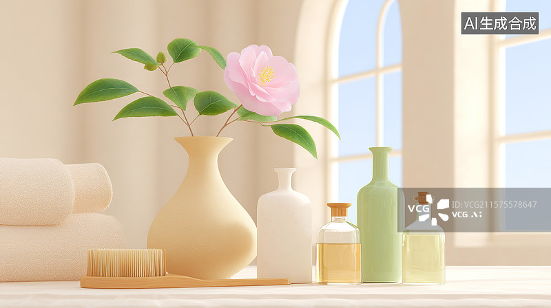 【AI数字艺术】室内场景山茶花插瓶旁边摆放毛巾梳子图片素材