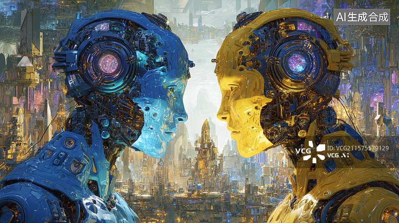 【AI数字艺术】蓝金机器人对峙图片素材