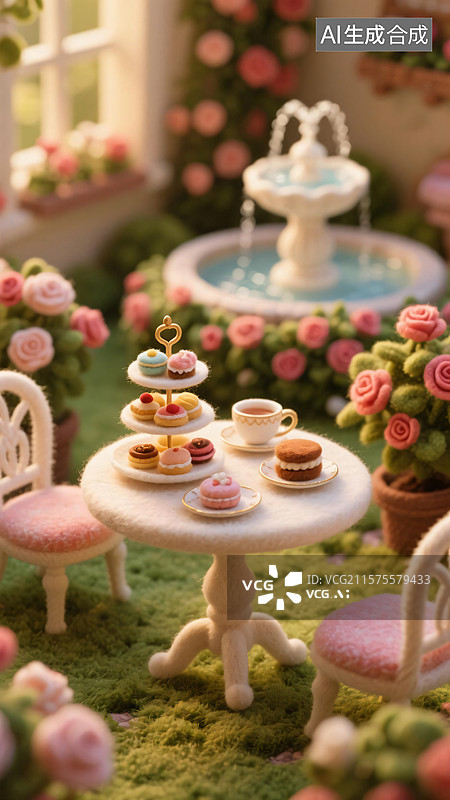 【AI数字艺术】花园下午茶精致甜点 微缩场景风格 优雅茶歇插画图片素材