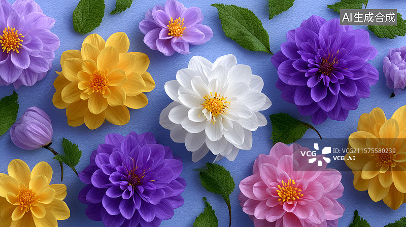 【AI数字艺术】蓝色背景上摆放着多种颜色的大丽花和绿叶图片素材