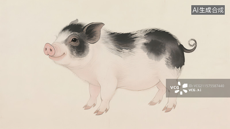 【AI数字艺术】国画水墨风中国传统文化十二生肖猪年插画图片素材