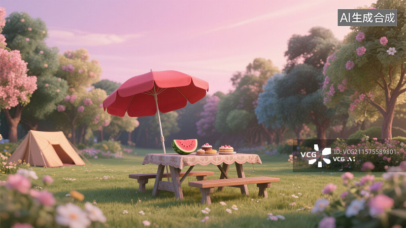 【AI数字艺术】3D渲染户外草地上露营遮阳伞及长椅桌子上放着西瓜和食物图片素材