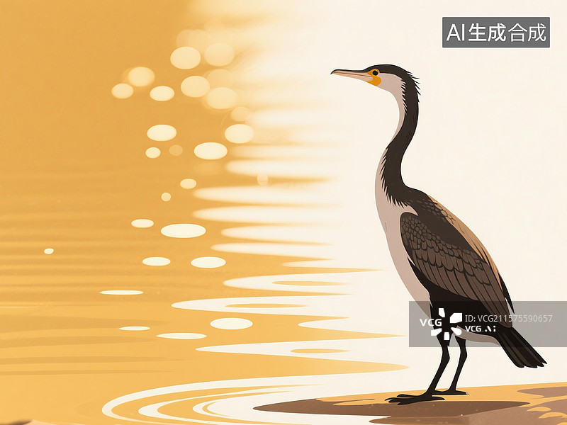 【AI数字艺术】浅滩上姿态优雅的鸬鹚图片素材