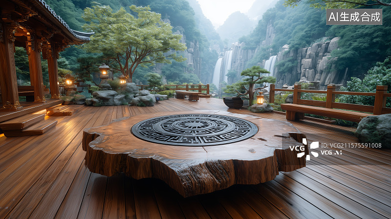 【AI数字艺术】山水环绕的庭院木台图片素材