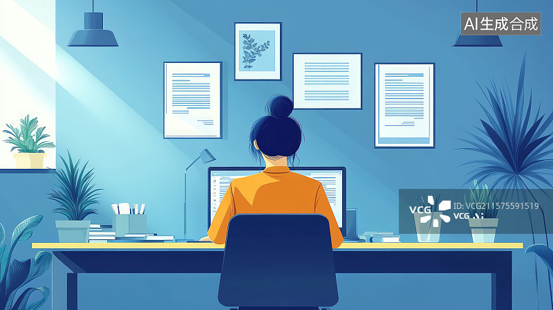 【AI数字艺术】职场办公深夜加班工作场景扁平化插画图片素材