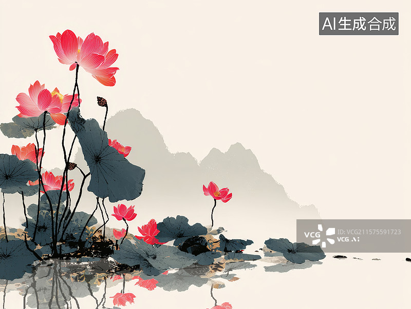 【AI数字艺术】国风荷花插画边框居左图片素材