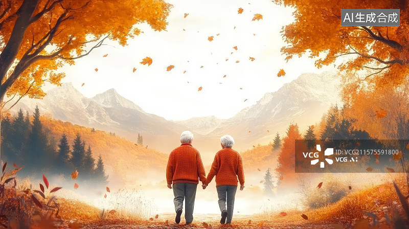 【AI数字艺术】一对老年夫妻在秋天公园里牵手登山，重阳节主题插画图片素材