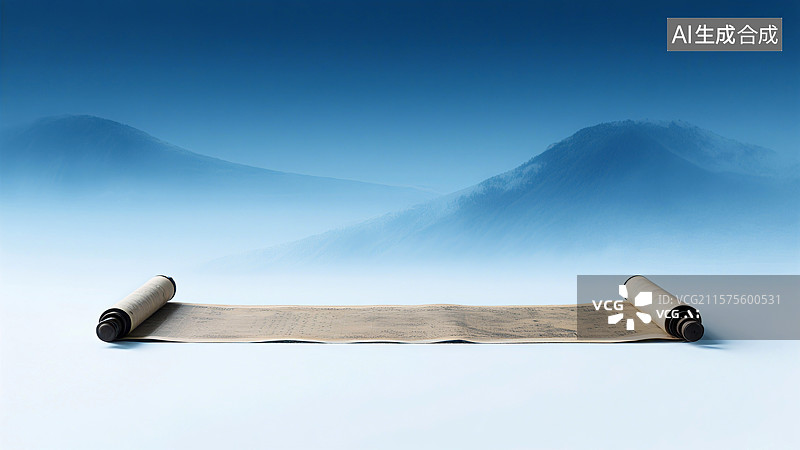 【AI数字艺术】一张展开的卷轴，背景是朦胧的山峰和蓝天图片素材
