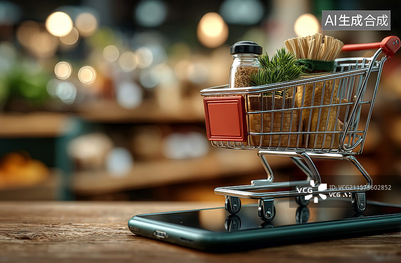 【AI数字艺术】手机上的购物车等距视图图片素材