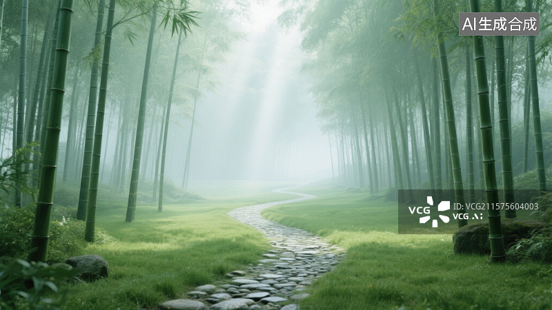 【AI数字艺术】朦胧雾中茂密青竹林里一条蜿蜒鹅卵石子路图片素材