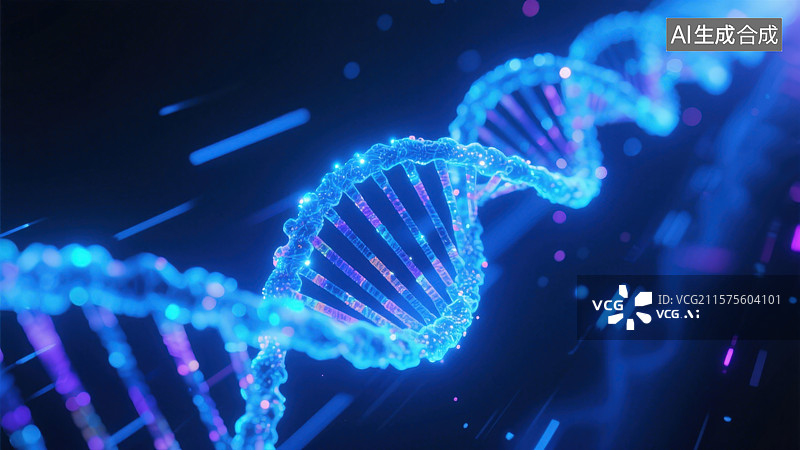 【AI数字艺术】微观世界里的DNA 染色体螺旋结构，未来智慧医疗基因检测科技概念背景图片素材
