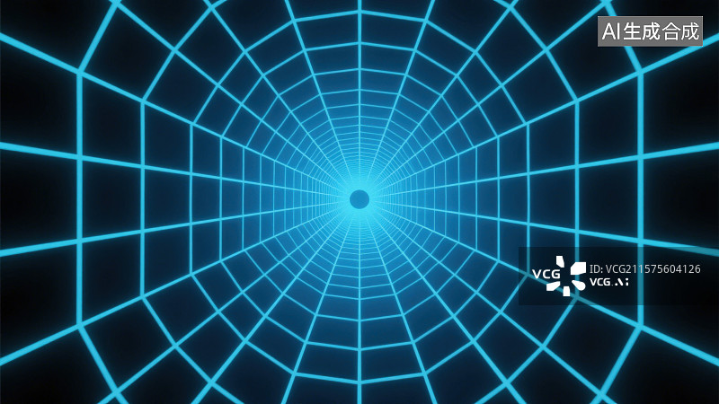 【AI数字艺术】蓝色科技感抽象网格线条构成的纵深感螺旋隧道背景图片素材