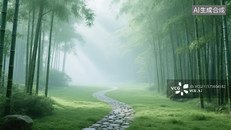 【AI数字艺术】朦胧雾中茂密青竹林里一条蜿蜒鹅卵石子路图片素材