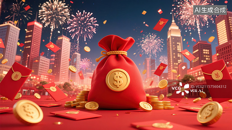 【AI数字艺术】新年红包雨下的财富之城图片素材