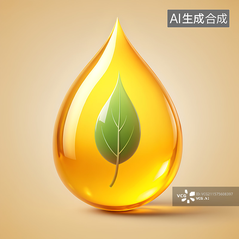 【AI数字艺术】3D渲染，黄色水滴和叶子，环境保护，茶树油，食用油，草本植物精油，天然美妆图片素材