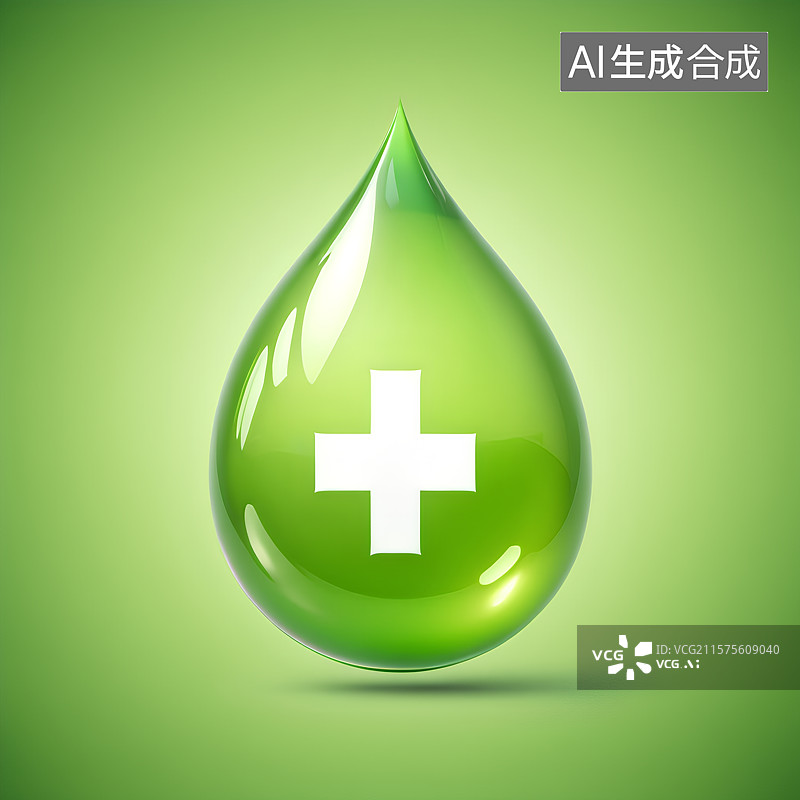 【AI数字艺术】3D渲染，绿色十字水滴，医院医疗医药安全保险图片素材