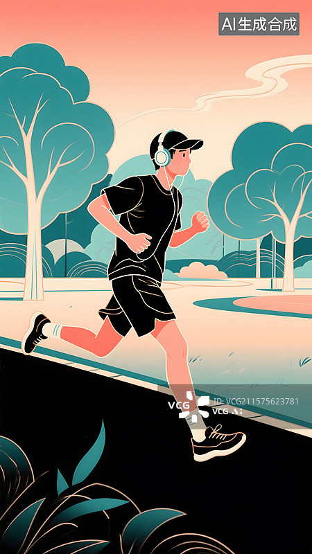 【AI数字艺术】公园跑步健康生活插画图片素材