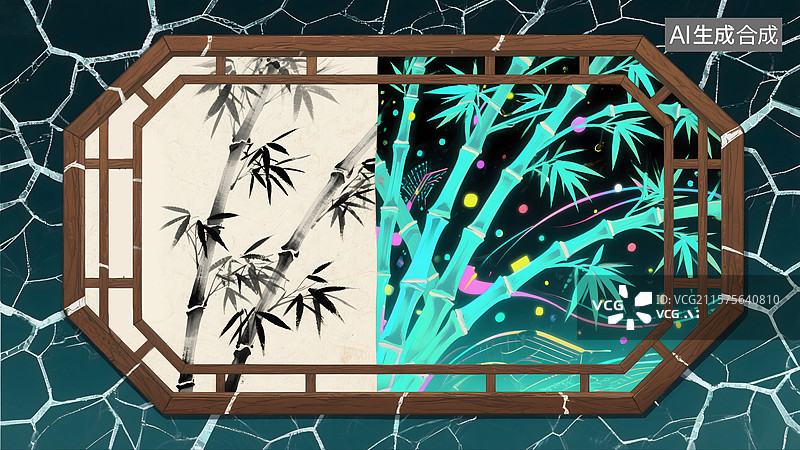 【AI数字艺术】传统与未来碰撞水墨赛博竹林概念图片素材