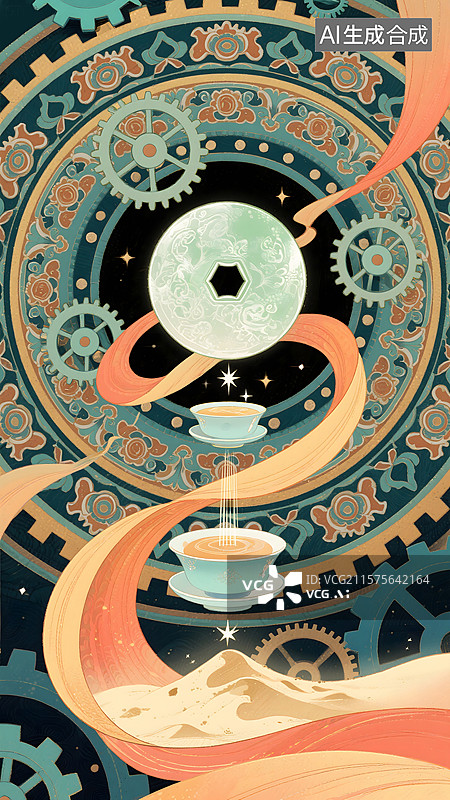 【AI数字艺术】国潮机械敦煌茶香氤氲幻想插画图片素材