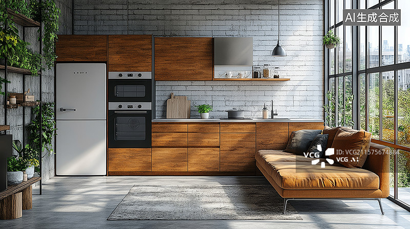 【AI数字艺术】现代开放式厨房与客厅结合设计图片素材
