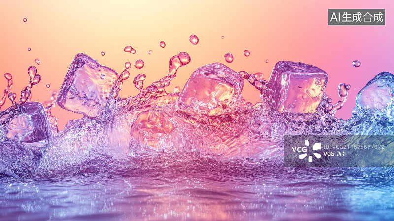 【AI数字艺术】彩色背景下的冰块碰撞瞬间图片素材