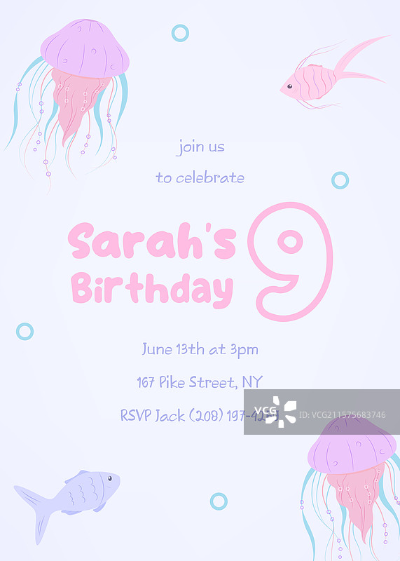 海底世界九岁生日派对邀请函图片素材