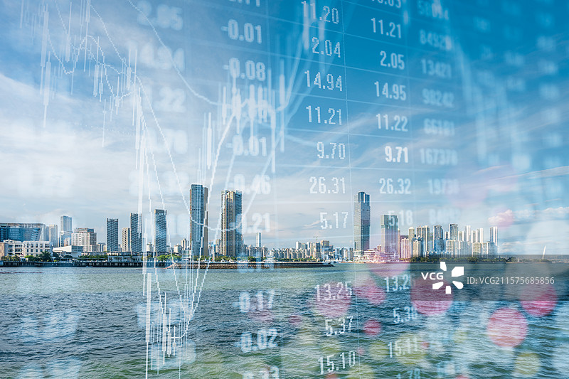 深圳蛇口太子湾海岸线和股市数据概念图片素材