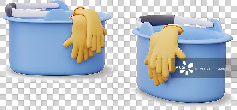 经典塑料桶与橡胶手套套装图片素材