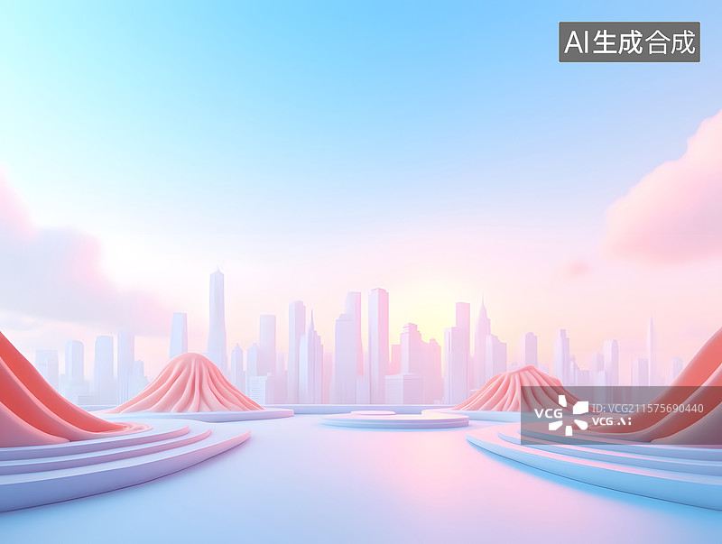 【AI数字艺术】现代城市与流动曲线的三维背景图片素材