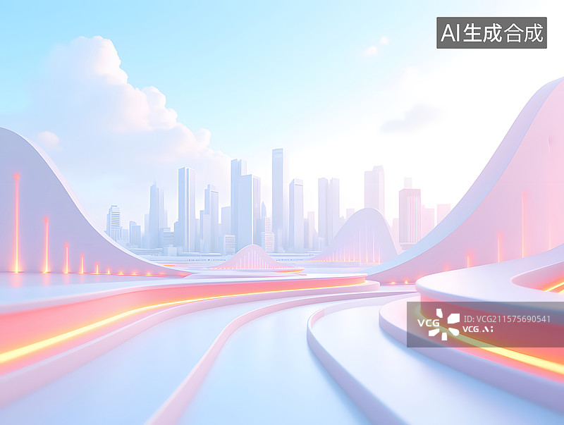 【AI数字艺术】现代城市与流动曲线的三维背景图片素材