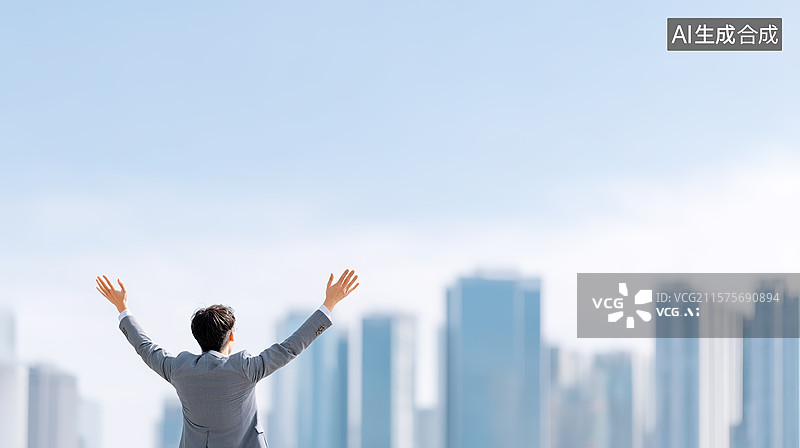 【AI数字艺术】城市高楼背景下亚裔年轻人高举双臂迎接挑战背影图片素材