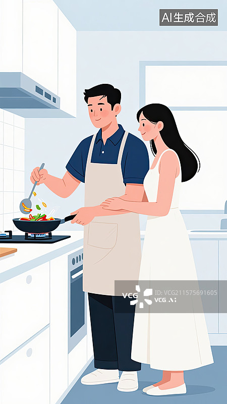 【AI数字艺术】夫妻，厨房，炒菜，做饭、准备食物图片素材