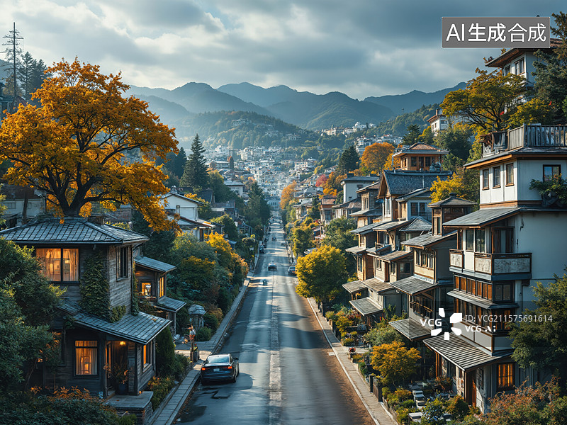 【AI数字艺术】秋日小镇风光图片素材