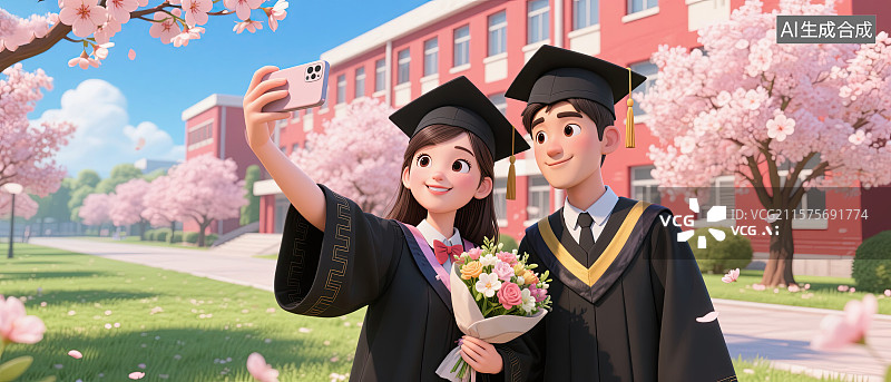 【AI数字艺术】大学生，情侣，学士服，毕业，自拍图片素材