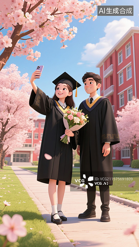 【AI数字艺术】大学生，情侣，学士服，毕业，自拍图片素材