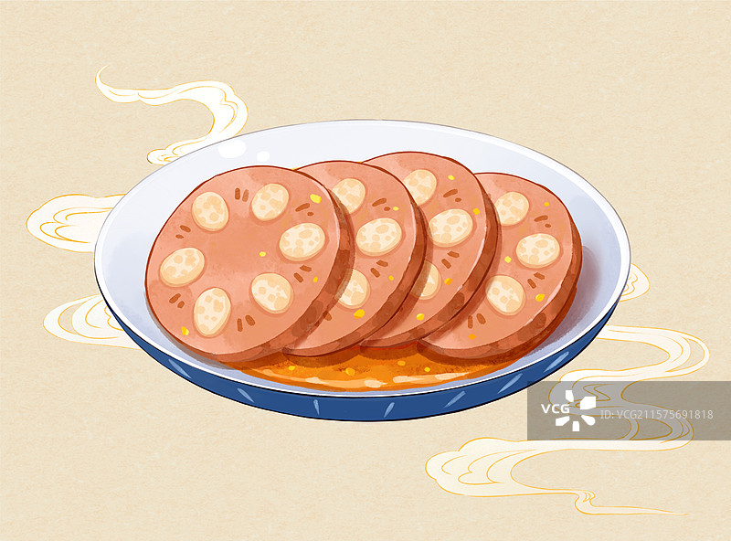 桂花糯米藕蜜汁糯米藕美食手绘风格插画图片素材