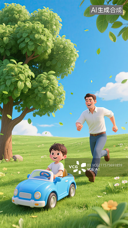 【AI数字艺术】3D，父子，儿童汽车，玩乐，插画图片素材