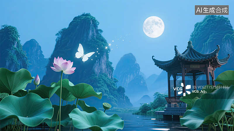 【AI数字艺术】夏日，荷花，白蝴蝶，月亮，背景图片素材