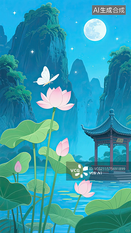 【AI数字艺术】夏日，荷花，白蝴蝶，月亮，背景图片素材