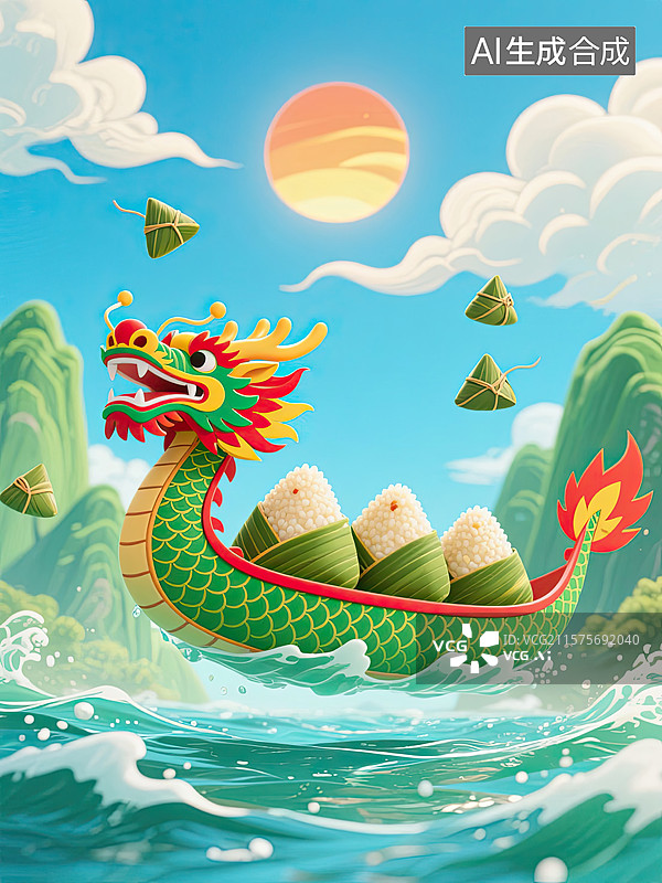 【AI数字艺术】端午节，绿色龙舟，粽子，3D，插画图片素材