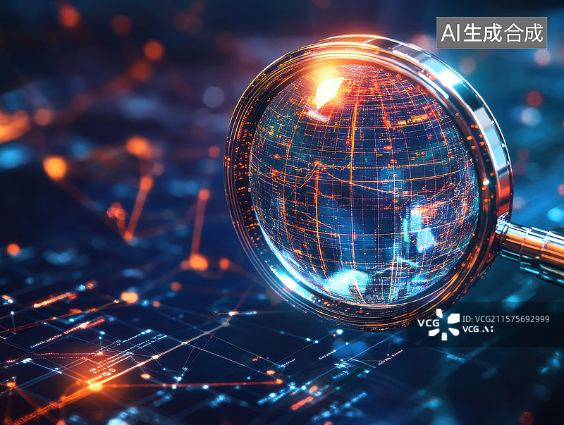 【AI数字艺术】放大镜下的科技网络世界图片素材