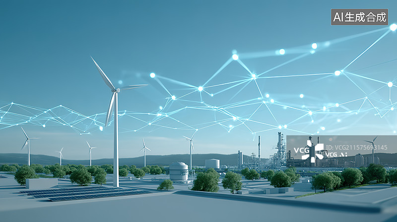 【AI数字艺术】风力发电和储能新能源科技新型电力系统概念插画图片素材